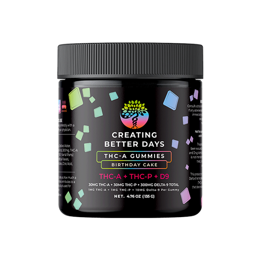 Creating Better Days – 300 mg Delta 9 + 30mg THCA + 30mg THC-P Gummies – 30ct Jar  Birthday Cake